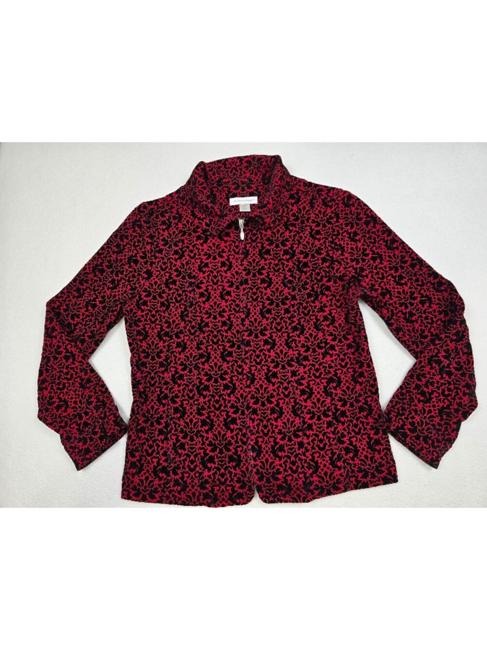 Christopher & Banks Medium Jacket Red & Black Floral Velvet Cutout Long-Sleeve